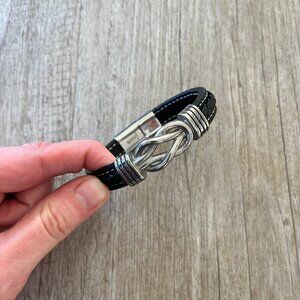 Mens Fashion Bracelet Black Faux Leather and Silver Metal Detail